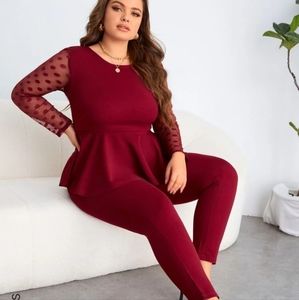 Shein Plus Dobby Mesh Peplum Top and Pants set